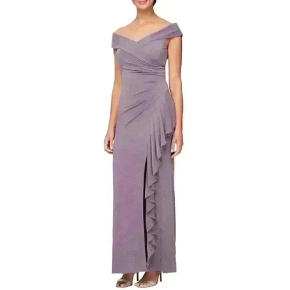 NWT Alex Evenings Off The Shoulder Ruffle Column Gown In Orchid Purple Wedding - Picture 1 of 9
